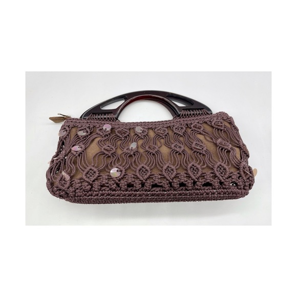 DV Collection Bag Purse Macramé Brown Pailletten Top Zip Wood Handle. - Picture 4 of 5